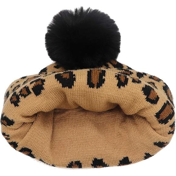 Winter Hat Leopard Print Unisex Cuffed Beanie Thick Knitted Warm Ski Cap - Picture 4 of 5